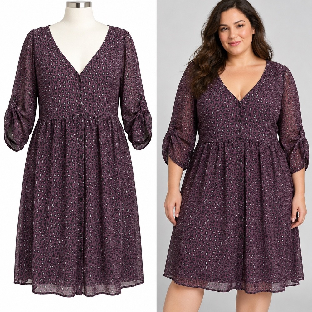 Torrid Dress Women 1X Purple Leopard Print Babydoll Chiffon Roll Tab Sheer Edgy